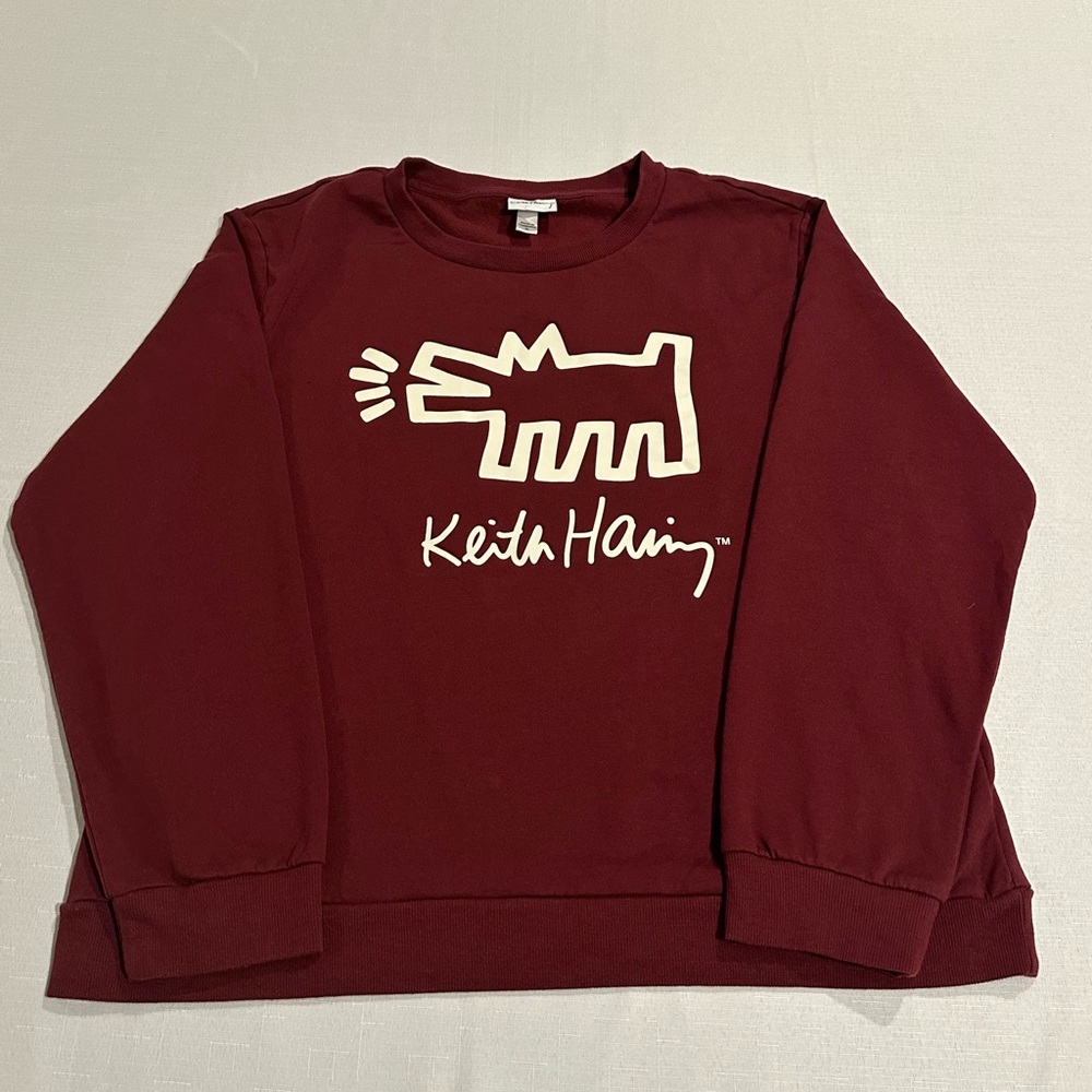 Keith Haring Graphic Sweatshirt XL Burgundy Dog Art Pullover